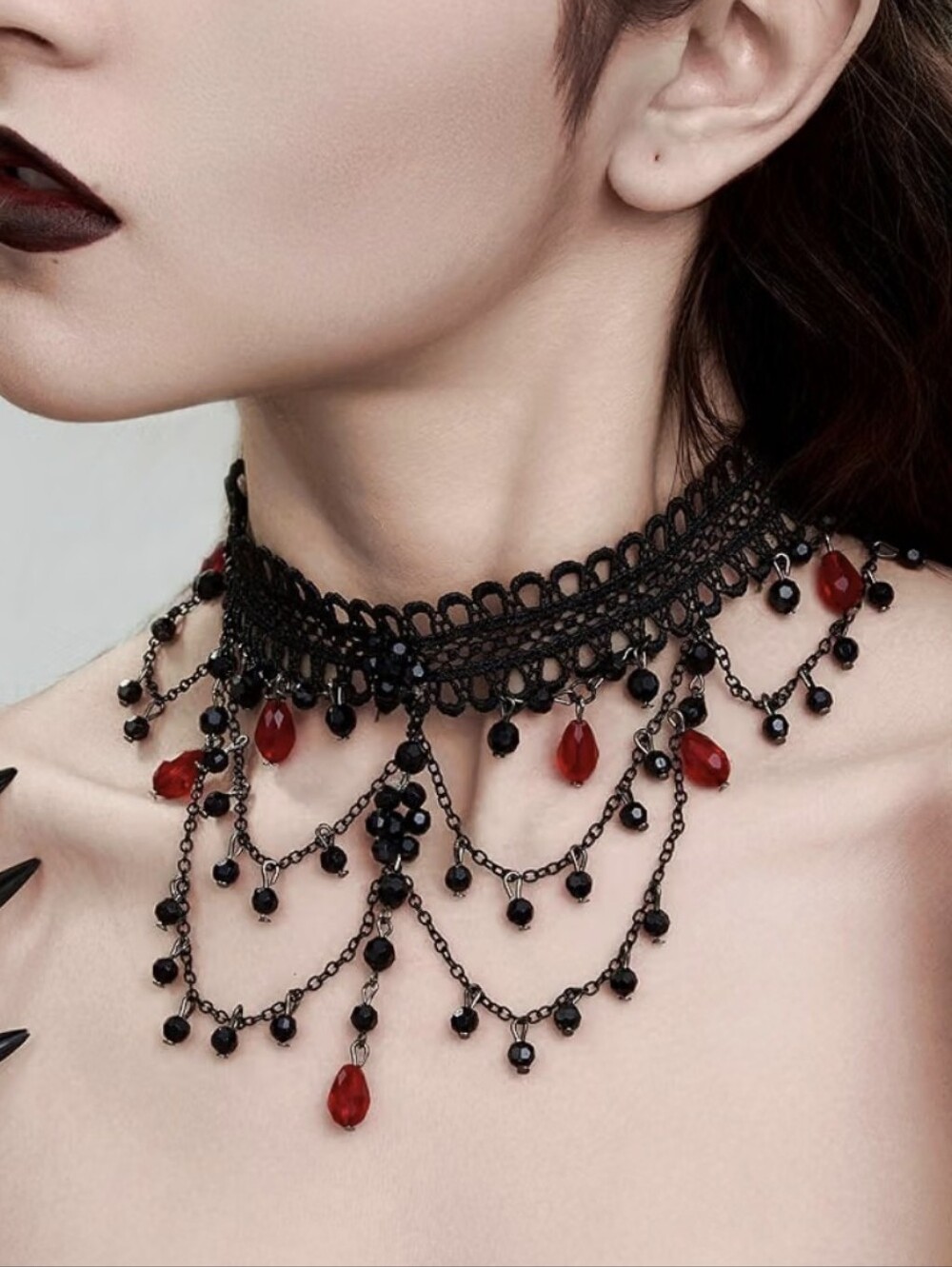 Black Lace Gothic Choker Necklace with Red Gem Accents - Picture 3 of 6